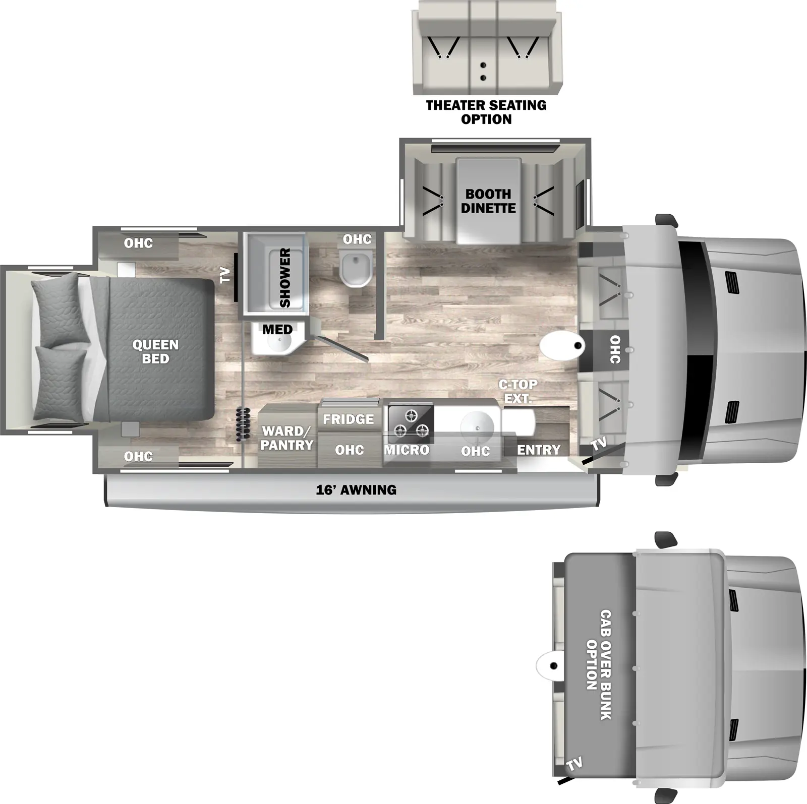 The 24RW has two slideouts and one entry. Exterior features a 16 foot awning. Interior layout front to back: cockpit overhead cabinet (optional cabover bunk), tv on door side, and table; off-door side booth dinette slideout (optional theater seating); door side entry, kitchen counter with extension, sink, overhead cabinet, cooktop, microwave, refrigerator, and wardrobe/pantry; off-door side bathroom with toilet, shower and overhead cabinet only, and sink and medicine cabinet outside the bathroom; rear bedroom with a rear queen bed slideout with a TV at the foot of the bed, and opposing overhead cabinets.